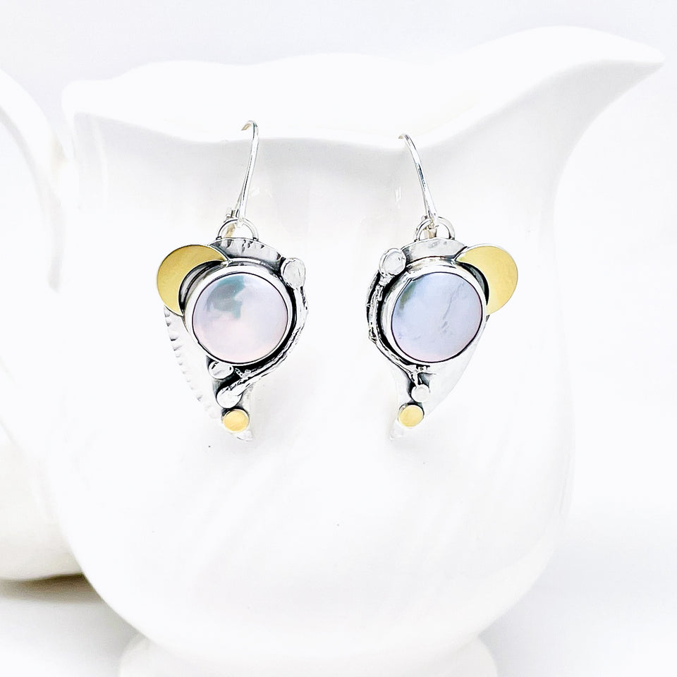Sterling Silver Pearl Earrings - Gold Moon Crescents