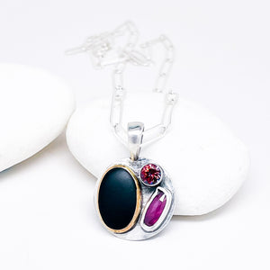 Sterling Silver Basalt Stone, Ruby and Anastasia Topaz Necklace