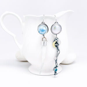 Sterling Silver Ginkgo Earrings - Dentilium, Larimar, Pearl, Apatite - DawnsArtisanJewelry.com