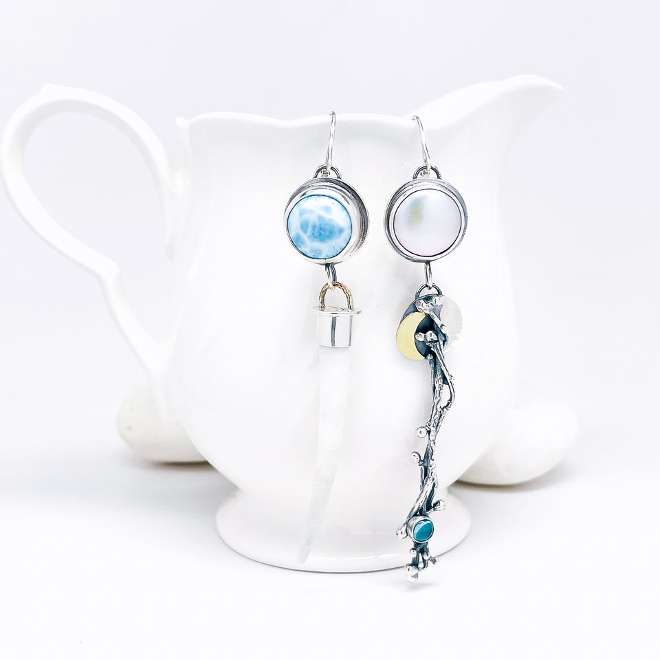 Sterling Silver Ginkgo Earrings - Dentilium, Larimar, Pearl, Apatite - DawnsArtisanJewelry.com