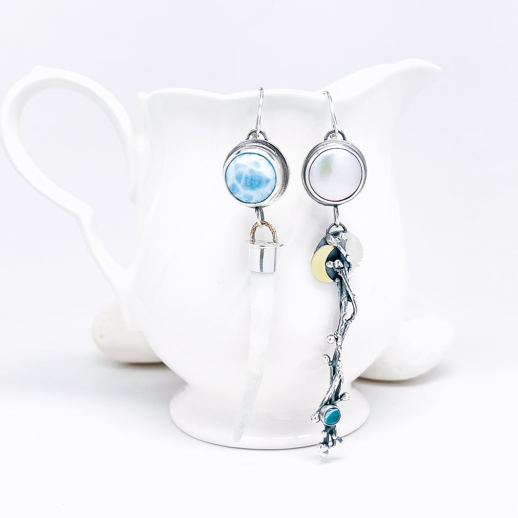 Sterling Silver Ginkgo Earrings - Dentilium, Larimar, Pearl, Apatite - DawnsArtisanJewelry.com