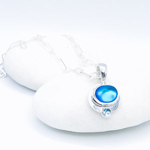 Sterling Silver Opalite Necklace with Blue Topaz - Sunburst Mandala