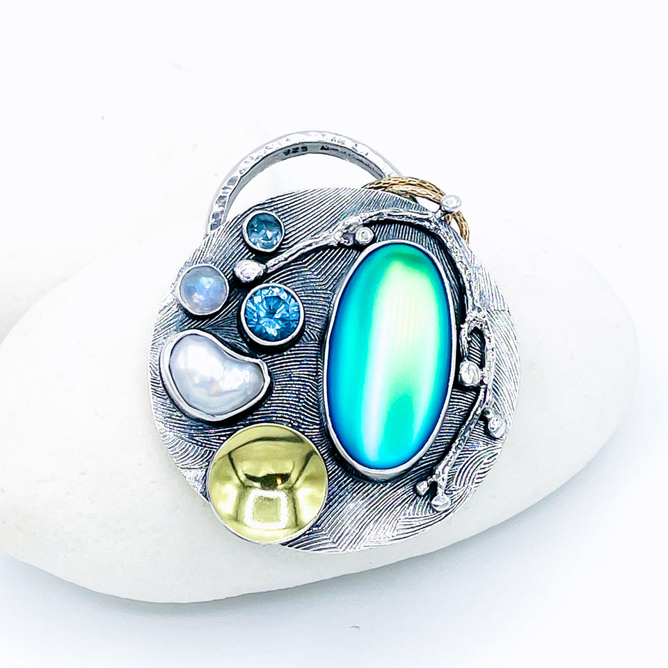 Sterling Silver Celestial Pendant - Opalite, Topaz, Moonstone, Biwa Pearl and Gold