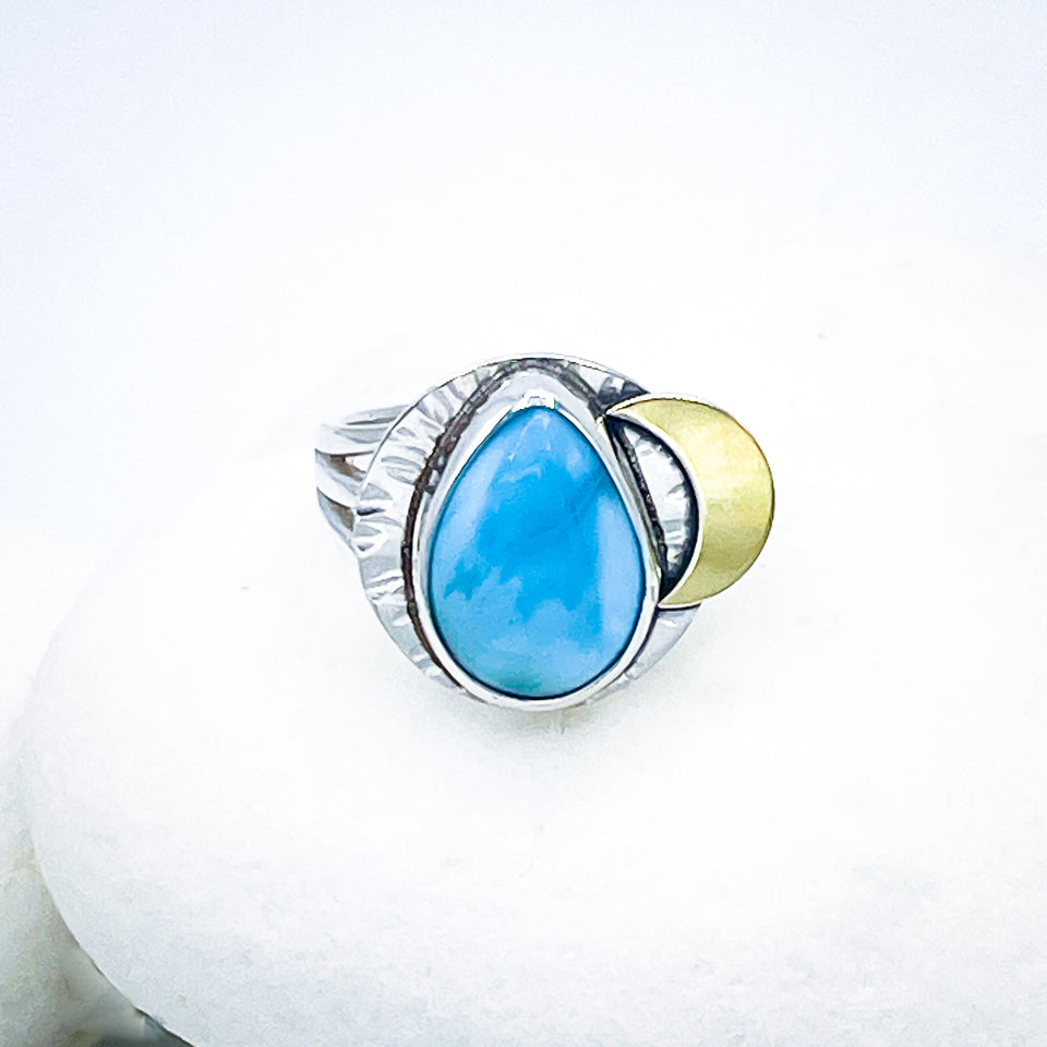 Sterling Silver Larimar Gold Cresent Ring - Stone of Serenity Talisman Size 7