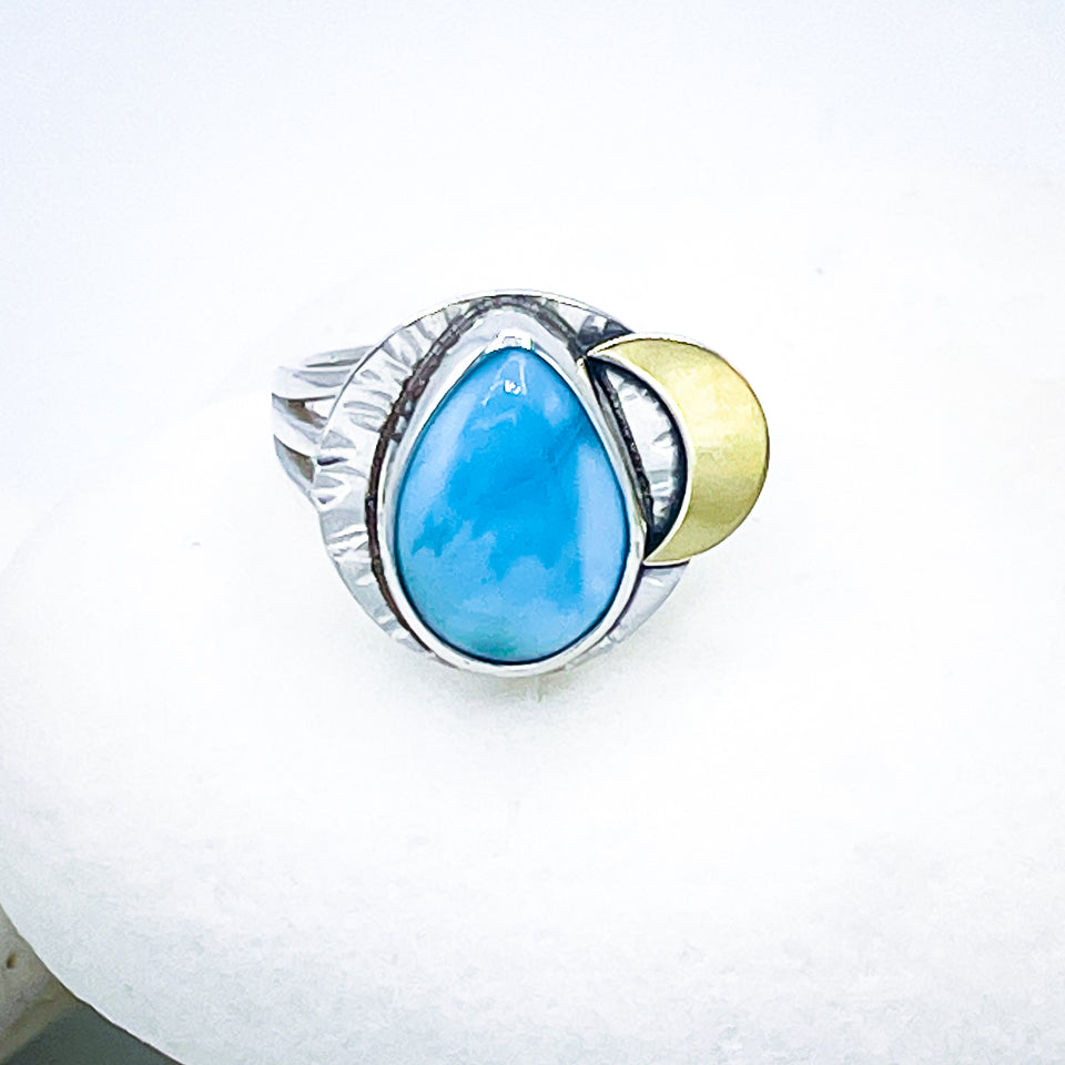 Sterling Silver Larimar Gold Cresent Ring - Stone of Serenity Talisman Size 7