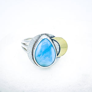 Sterling Silver Larimar Gold Cresent Ring - Stone of Serenity Talisman Size 7