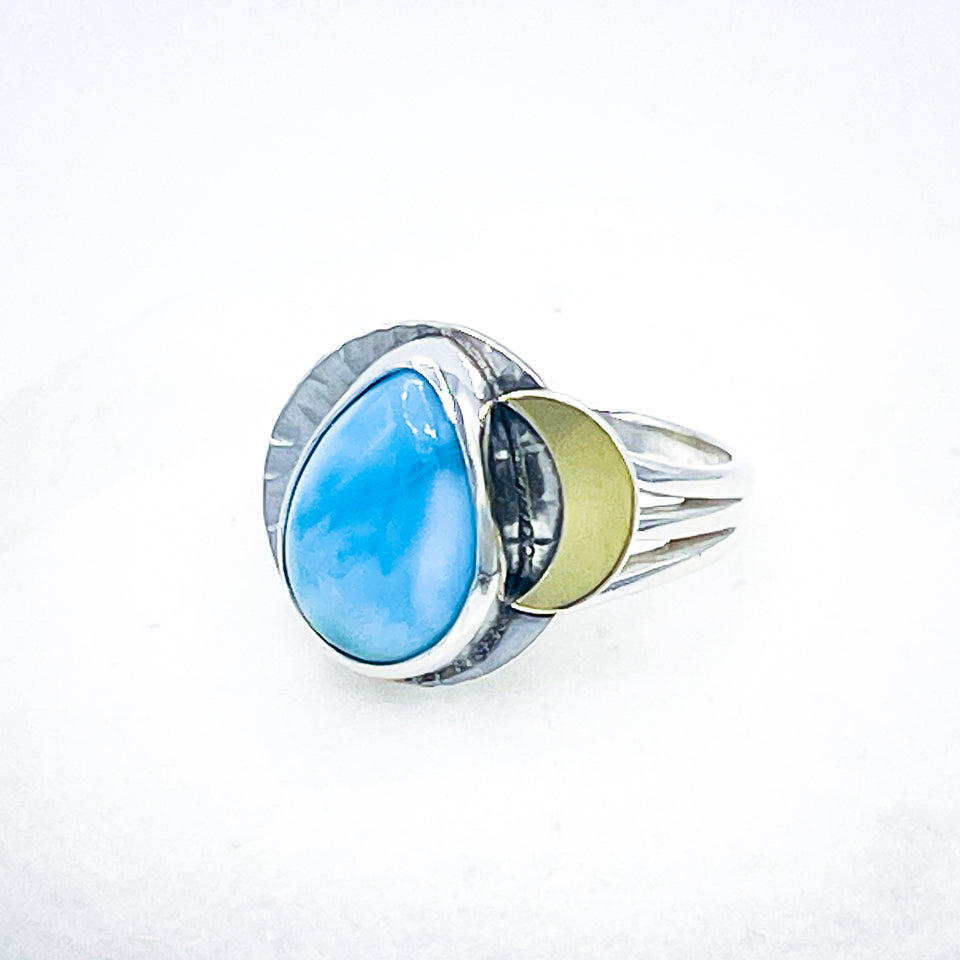 Sterling Silver Larimar Gold Cresent Ring - Stone of Serenity Talisman Size 7