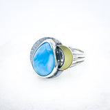 Sterling Silver Larimar Gold Cresent Ring - Stone of Serenity Talisman Size 7
