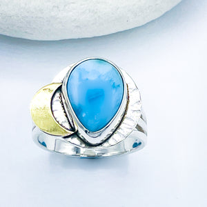 Sterling Silver Larimar Gold Cresent Ring - Stone of Serenity Talisman Size 7