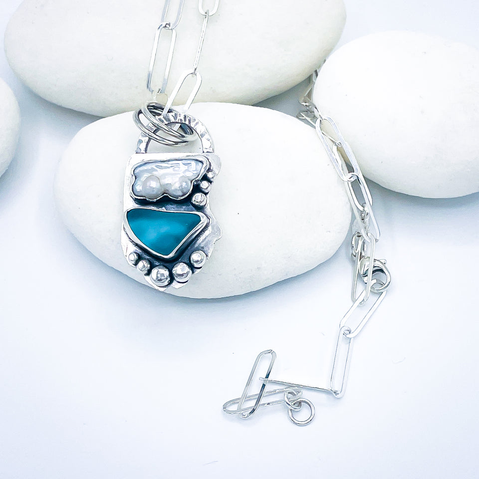 Sterling Silver Pearl Sea Glass Pendant Necklace - Touchstone Talisman