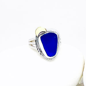 Maui Seaglass Ring with Gold Cresent- Blue Seaglass Ring Size 6 1/2