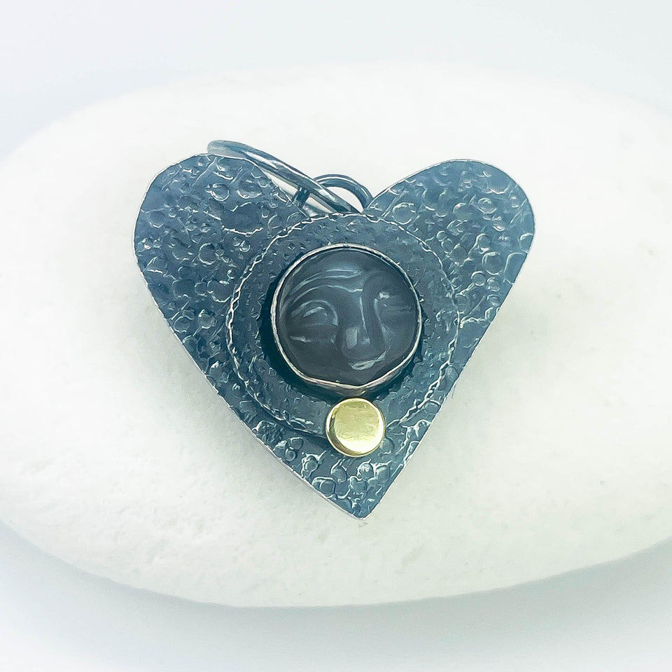 Sterling Silver Gunmetal Finish Moon Face with Gold Pendant - DawnsArtisanJewelry.com