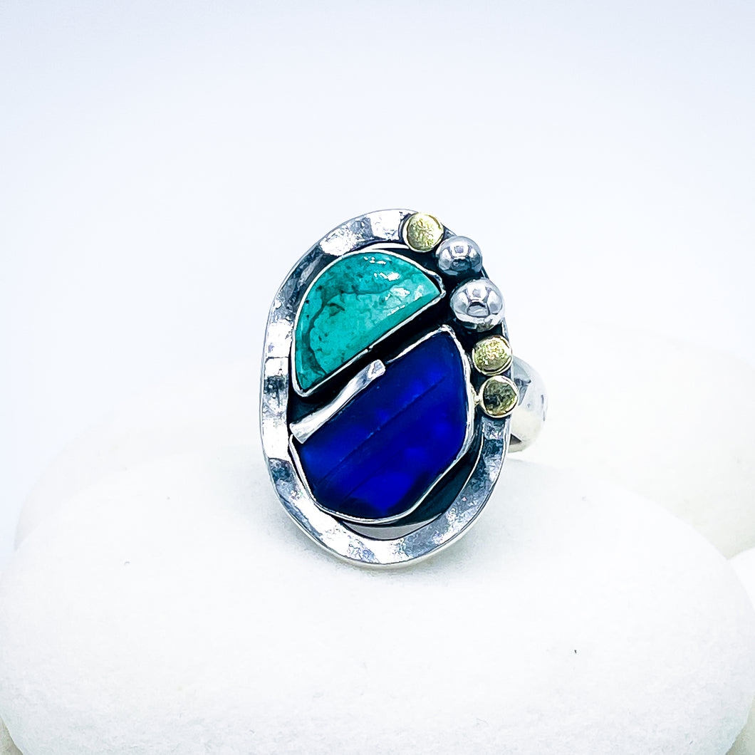 Sterling Silver Hawaiian Sea Glass Turquoise and Gold Ring (Adjustable)