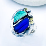 Sterling Silver Hawaiian Sea Glass Turquoise and Gold Ring (Adjustable)