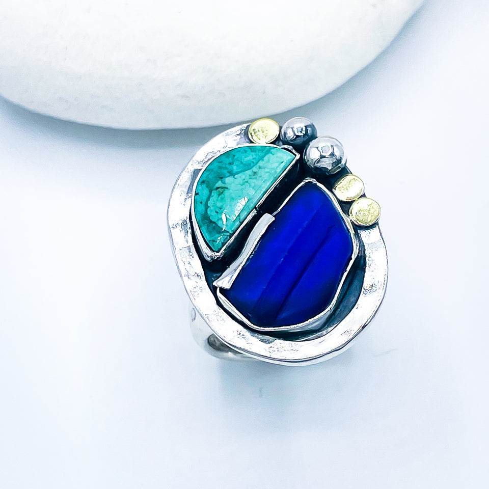 Sterling Silver Hawaiian Sea Glass Turquoise and Gold Ring (Adjustable)
