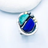 Sterling Silver Hawaiian Sea Glass Turquoise and Gold Ring (Adjustable)