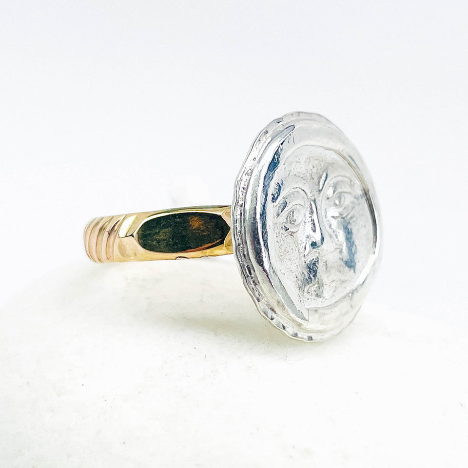 Gold and Silver Moon Face Ring Size 9