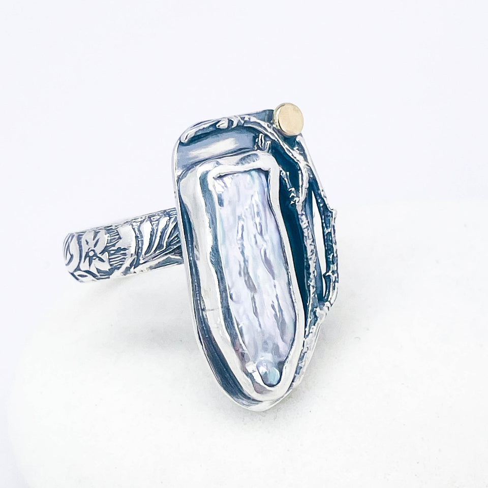 Sterling Silver Biwa Pearl Ring Size 7 1/4
