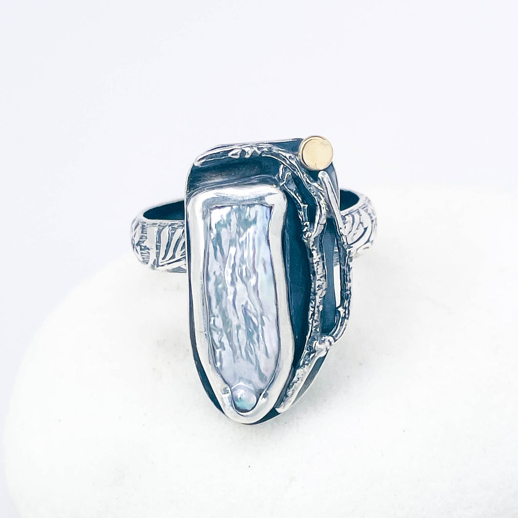 Sterling Silver Biwa Pearl Ring Size 7 1/4