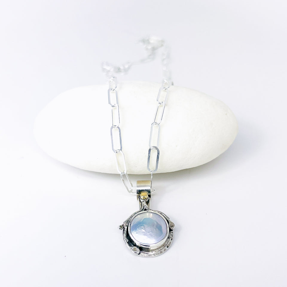 Sterling Silver Pearl Pendant Necklace - Stillness Talisman - DawnsArtisanJewelry.com