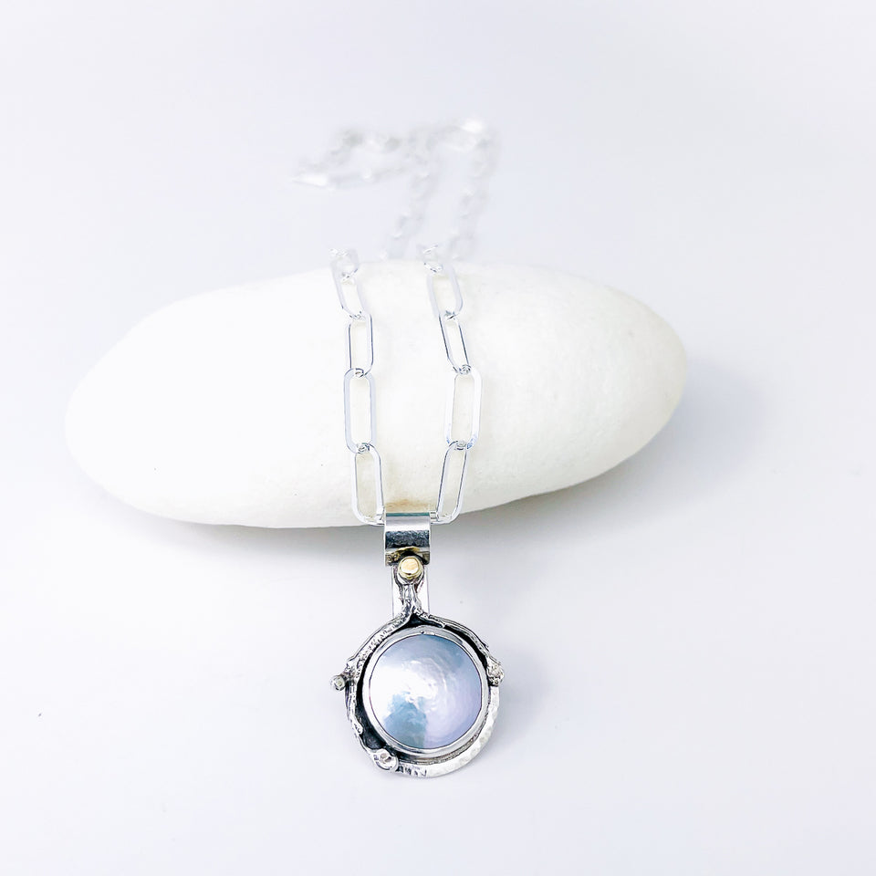 Sterling Silver Pearl Pendant Necklace - Stillness Talisman - DawnsArtisanJewelry.com