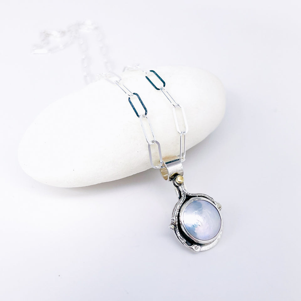 Sterling Silver Pearl Pendant Necklace - Stillness Talisman - DawnsArtisanJewelry.com