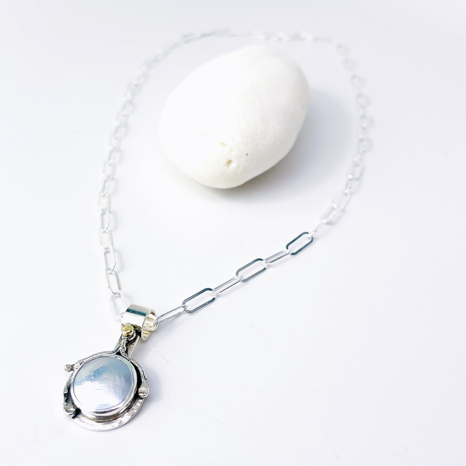 Sterling Silver Pearl Pendant Necklace - Stillness Talisman - DawnsArtisanJewelry.com