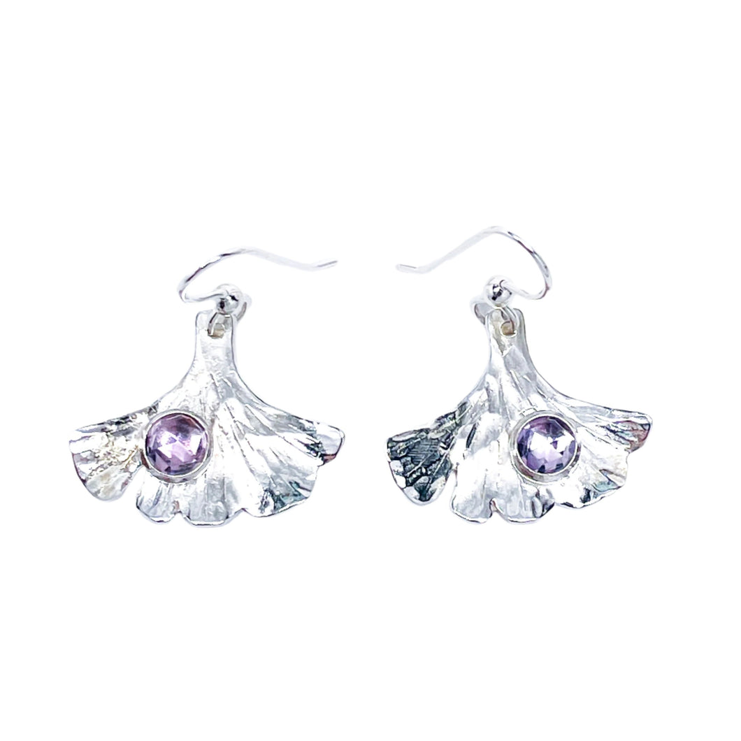 Sterling Silver Ginkgo Earrings, Amethyst Earrings