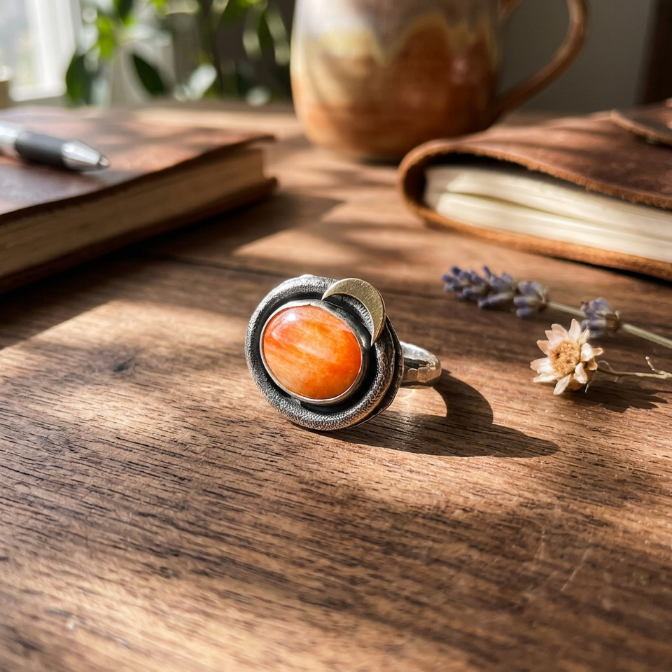 A silver ring with a large oval orange spiny oyster stone, resting on a rustic wooden table with books, a pen, and dried flowers in the background.