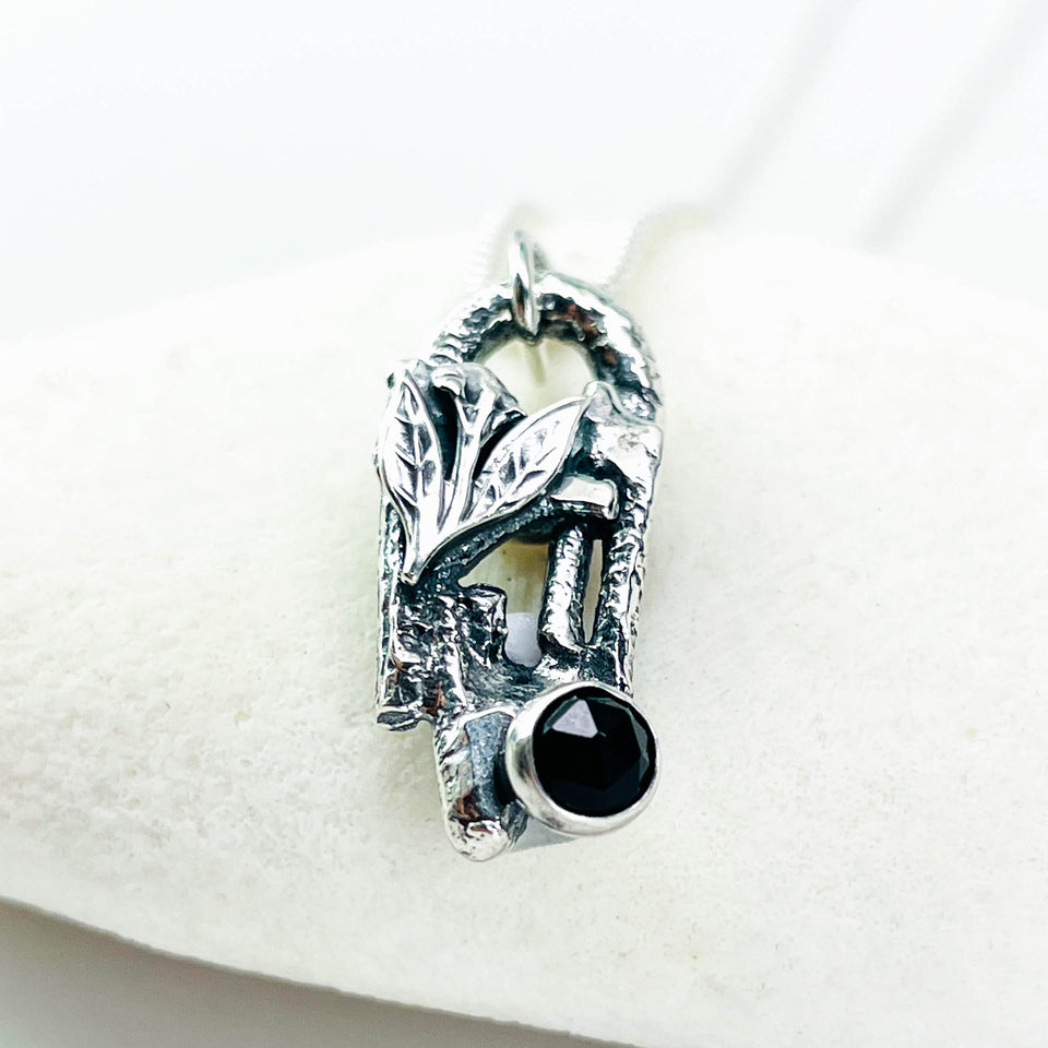 Sterling Silver Leaf and Twig Black Spinel Necklace