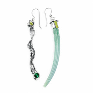 Wabi Sabi Jewelry - Dentilium, Silver and green Tourmaline ￼ Earrings