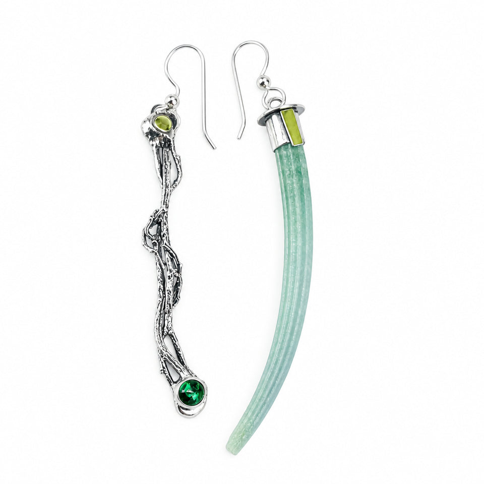 Wabi Sabi Jewelry - Dentilium, Silver and green Tourmaline ￼ Earrings