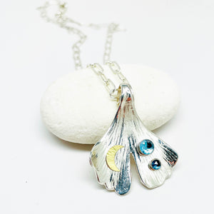 Blue Topaz Sterling Silver Ginkgo Pendant Necklace - Clarity Talisman