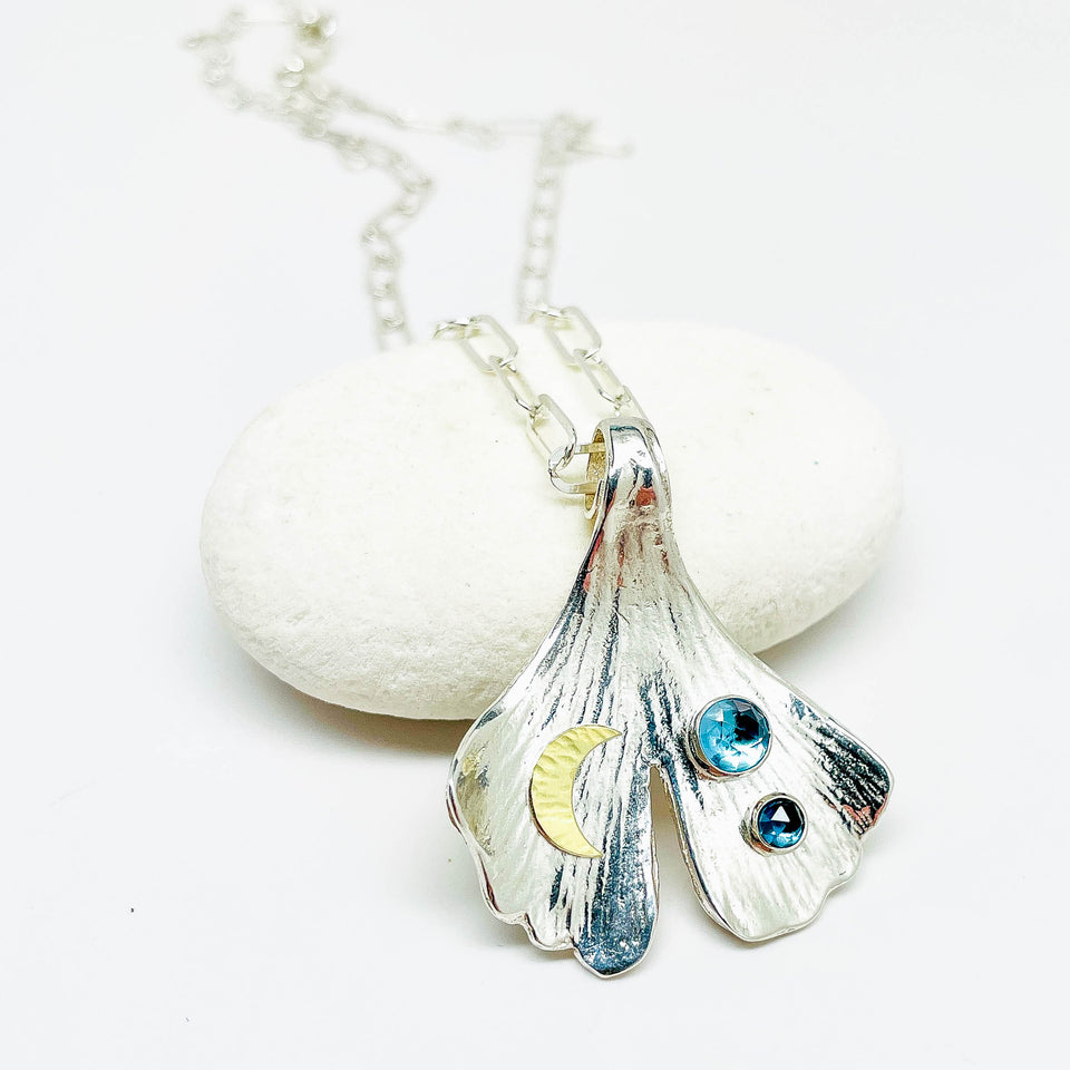 Blue Topaz Sterling Silver Ginkgo Pendant Necklace - Clarity Talisman