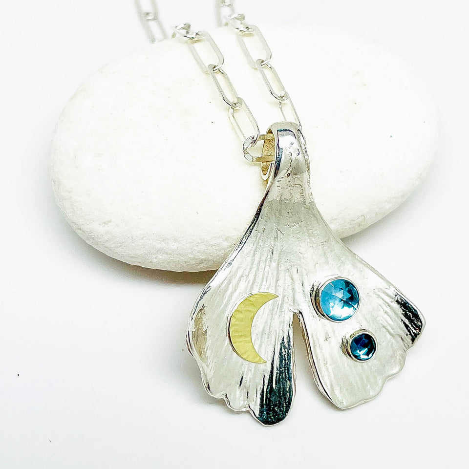 Blue Topaz Sterling Silver Ginkgo Pendant Necklace - Clarity Talisman
