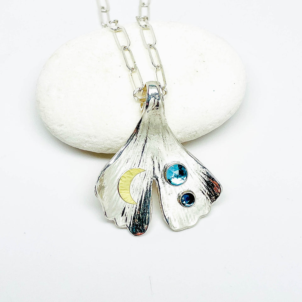 Blue Topaz Sterling Silver Ginkgo Pendant Necklace - Clarity Talisman