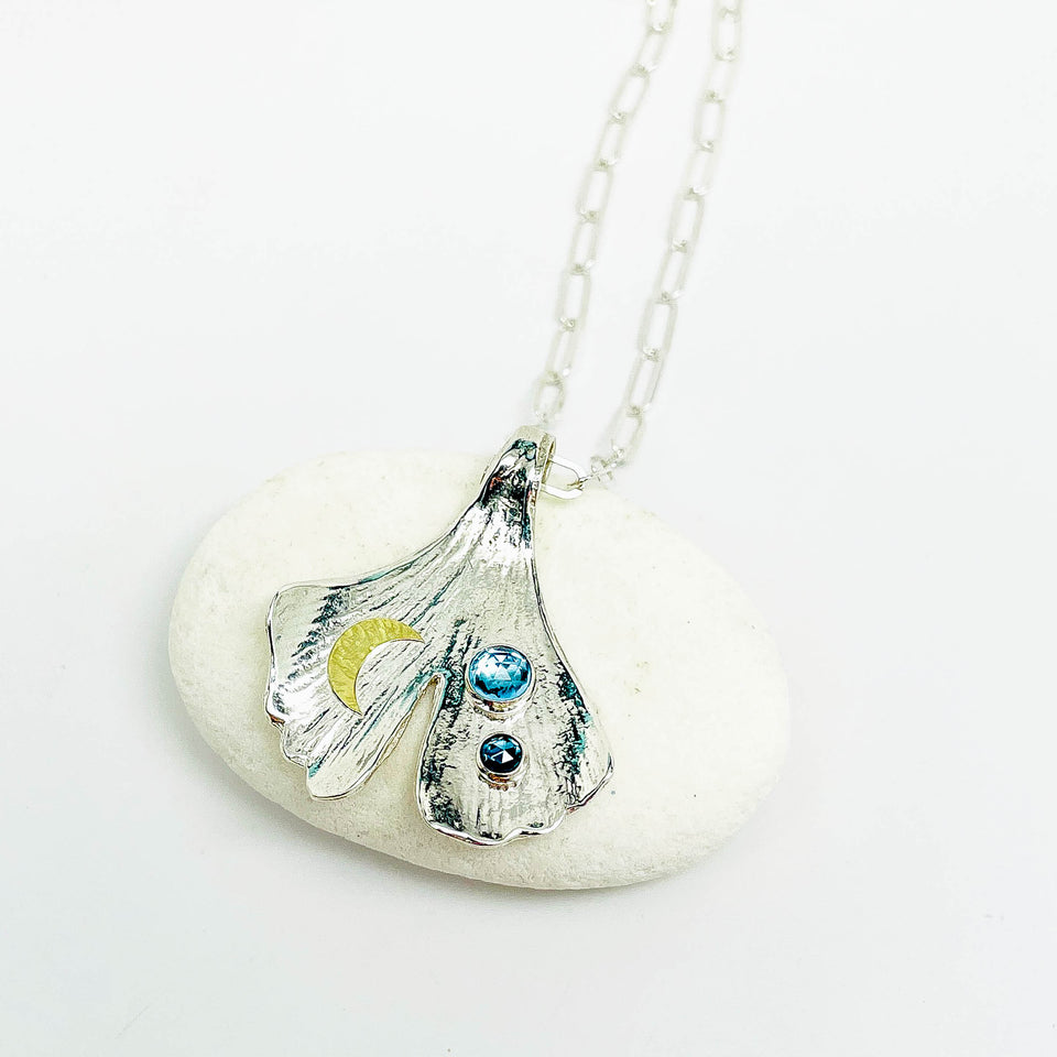 Blue Topaz Sterling Silver Ginkgo Pendant Necklace - Clarity Talisman