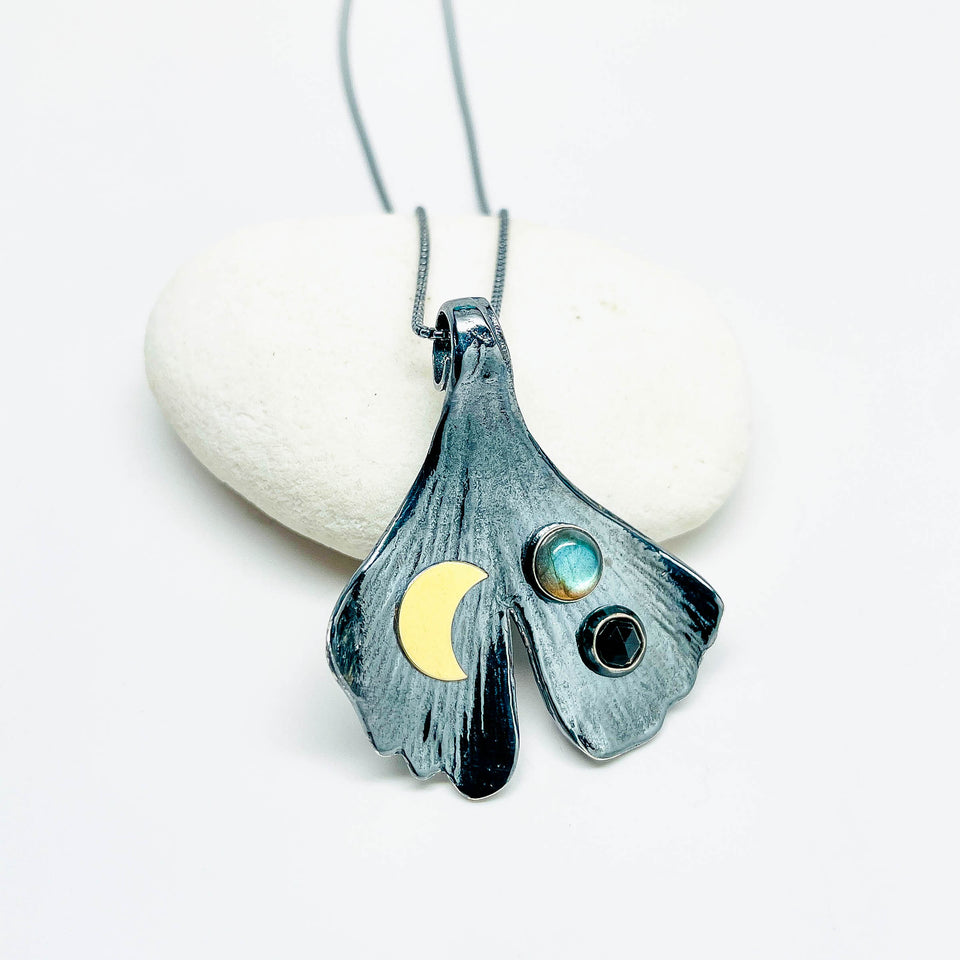 Gunmetal Ginkgo Pendant Necklace - Inner Power Talisman