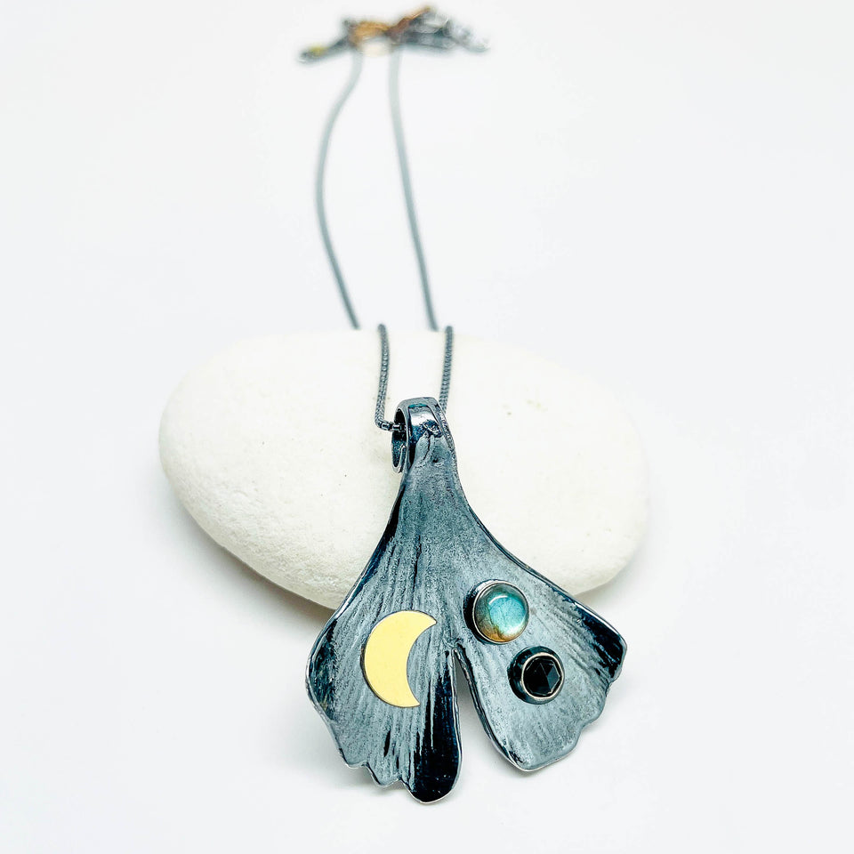 Gunmetal Ginkgo Pendant Necklace - Inner Power Talisman