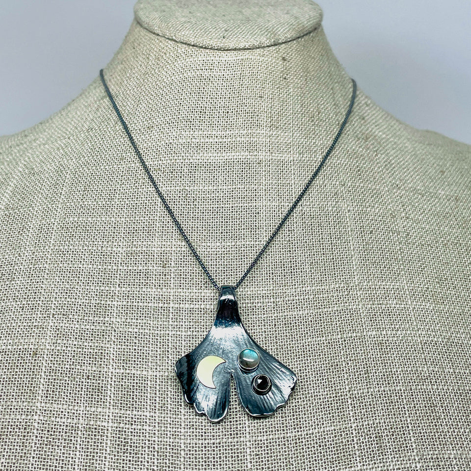 Gunmetal Ginkgo Pendant Necklace - Inner Power Talisman