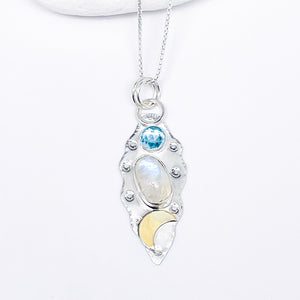 Sterling Silver Moonstone Celestial Necklace - Blue Topaz & 18kt