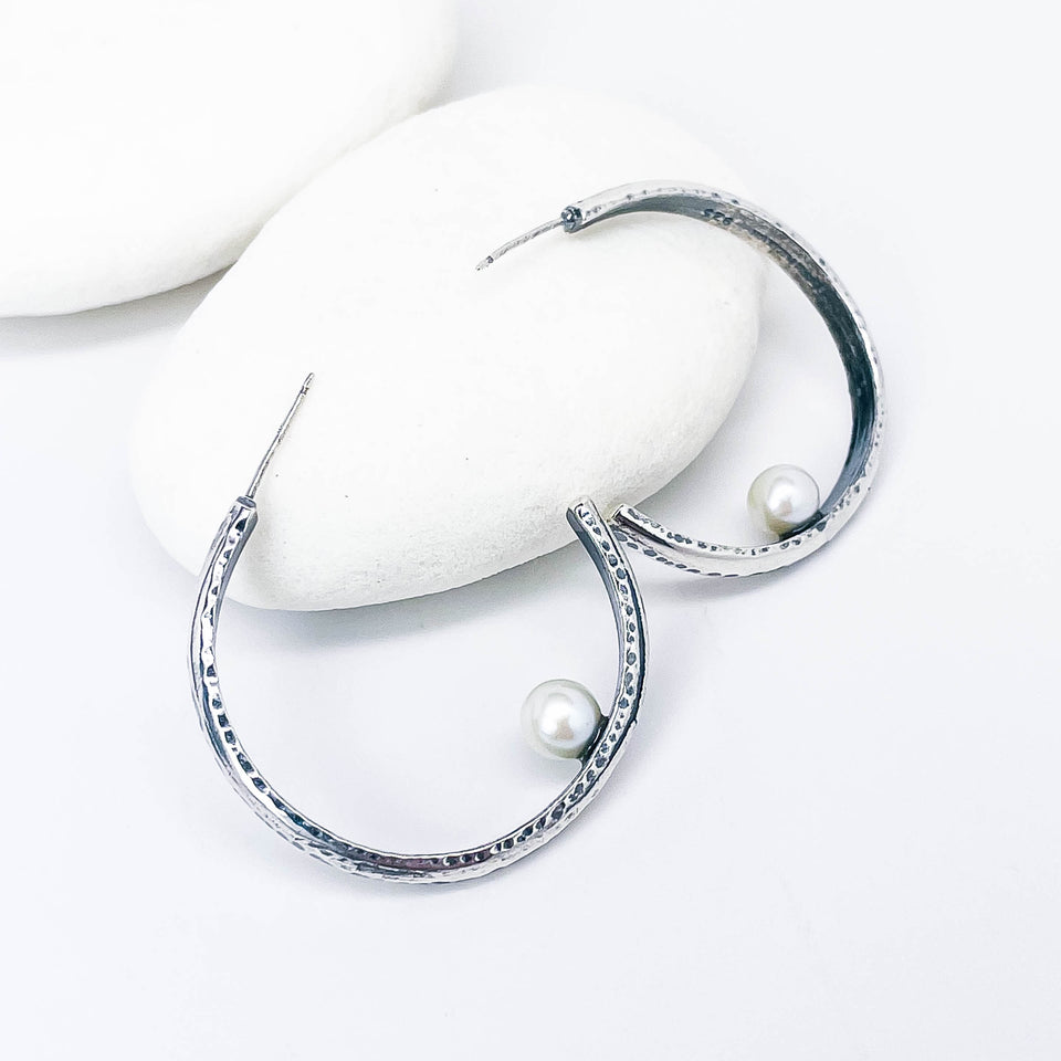 Sterling Silver Earrings Hoops with Freshwater Pearls - Floating Pearls - DawnsArtisanJewelry.com