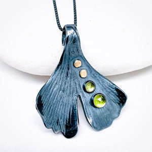 Sterling Silver Gunmetal Ginkgo Pendant - Peridot