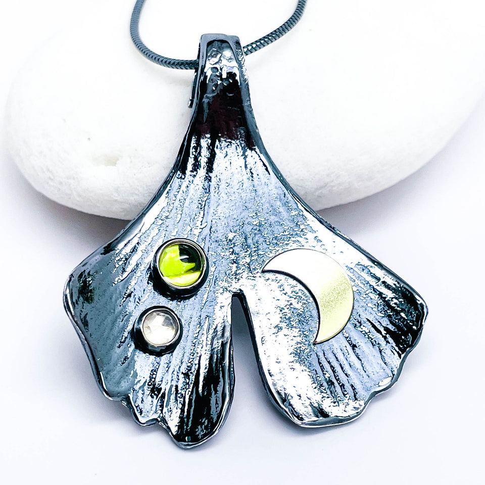 Gunmetal Silver Ginkgo Necklace - Shadow Leaf Renewal Talisman - DawnsArtisanJewelry.com