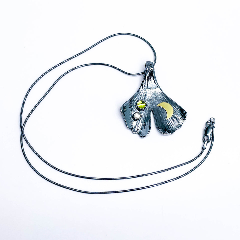 Gunmetal Silver Ginkgo Necklace - Shadow Leaf Renewal Talisman - DawnsArtisanJewelry.com