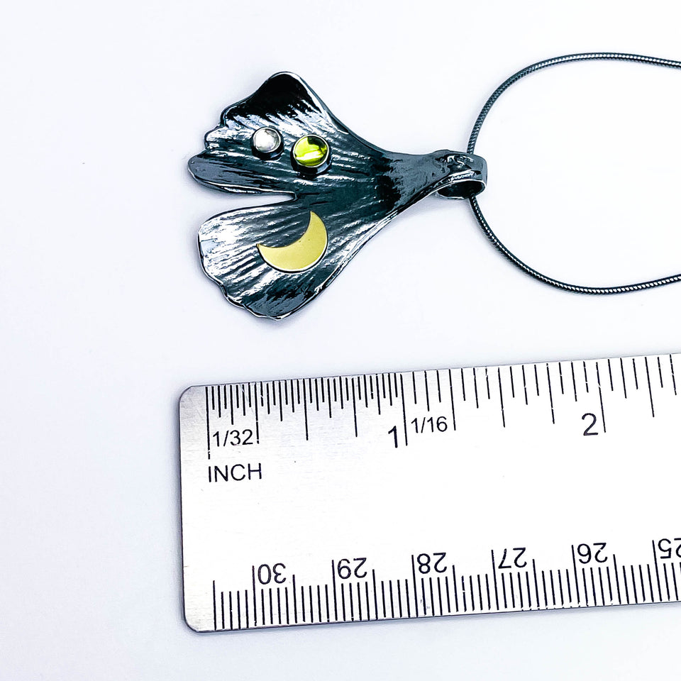 Gunmetal Silver Ginkgo Necklace - Shadow Leaf Renewal Talisman - DawnsArtisanJewelry.com