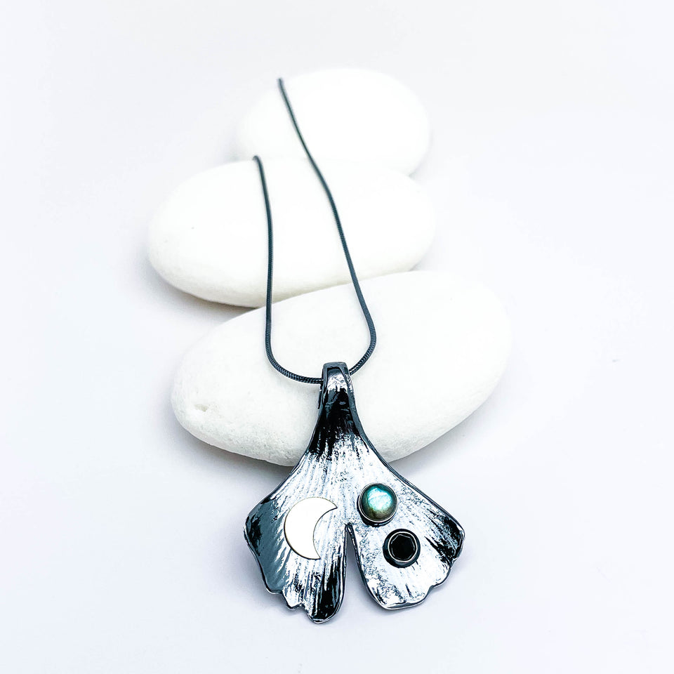 Gunmetal Silver Ginkgo Necklace - New Beginnings Talisman