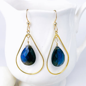 Gold Dangle Earrings Labradorite Stone