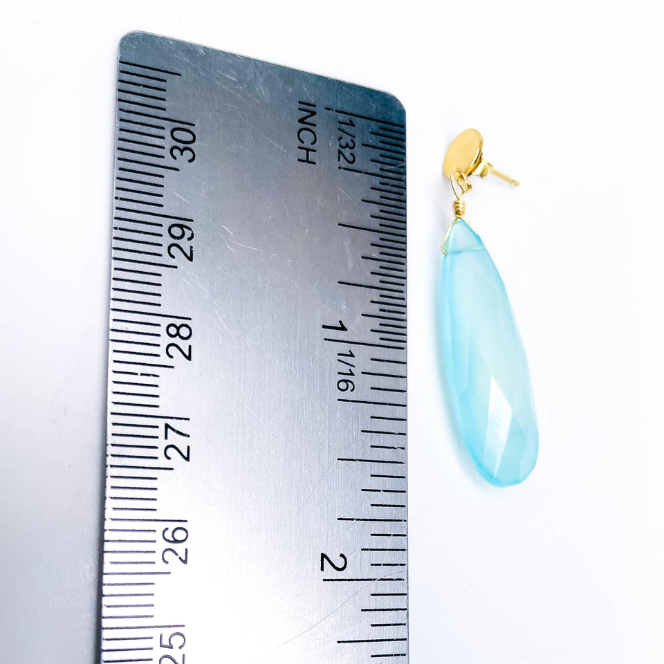 Gold Dangle Post Earrings Chalcedony Stone