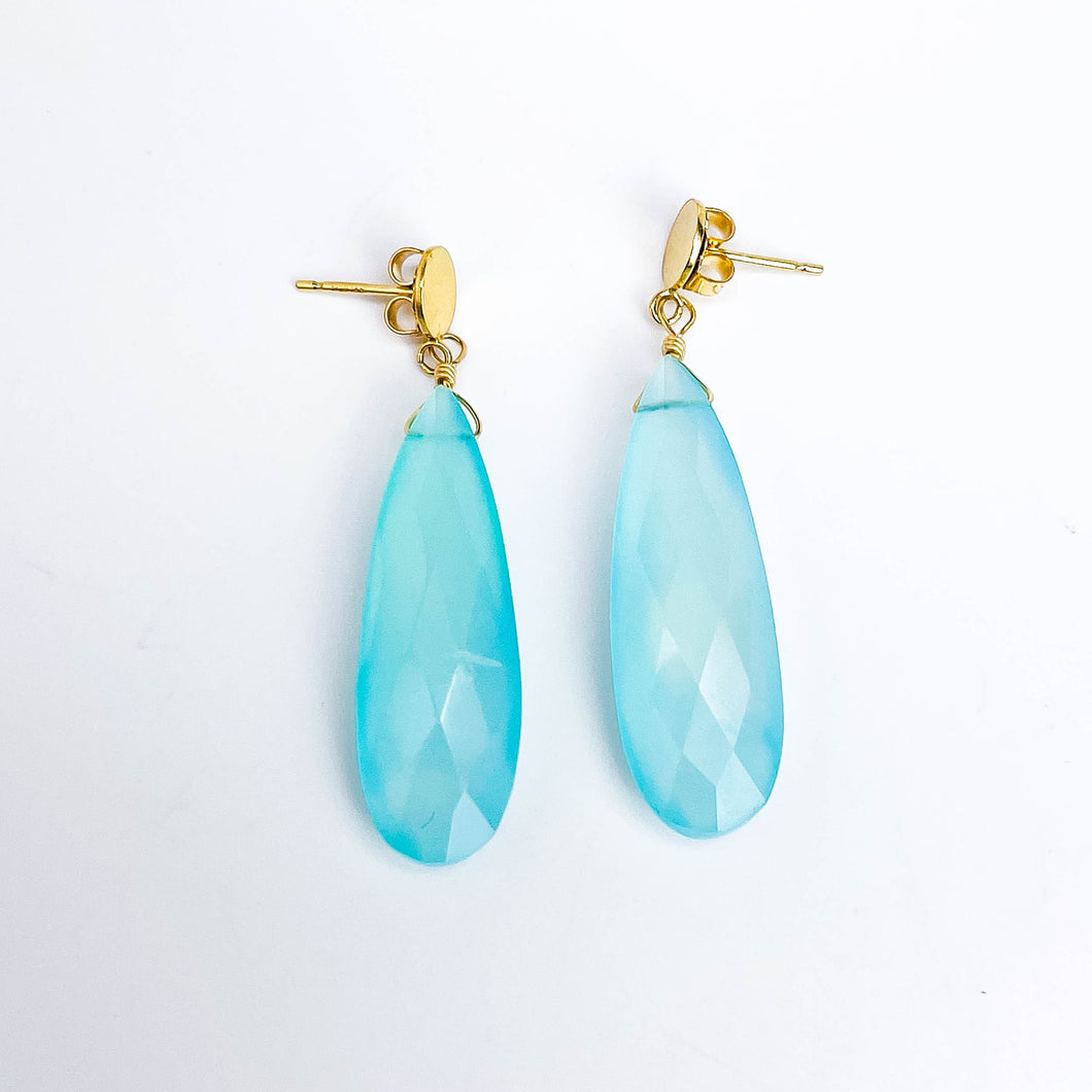 Gold Dangle Post Earrings Chalcedony Stone